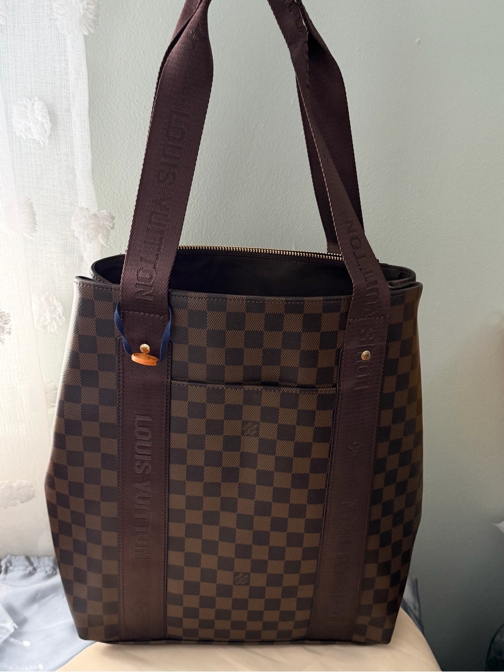 Louis Vuitton Brown Damier Ebene Canvas Tote with Dark Brown Straps